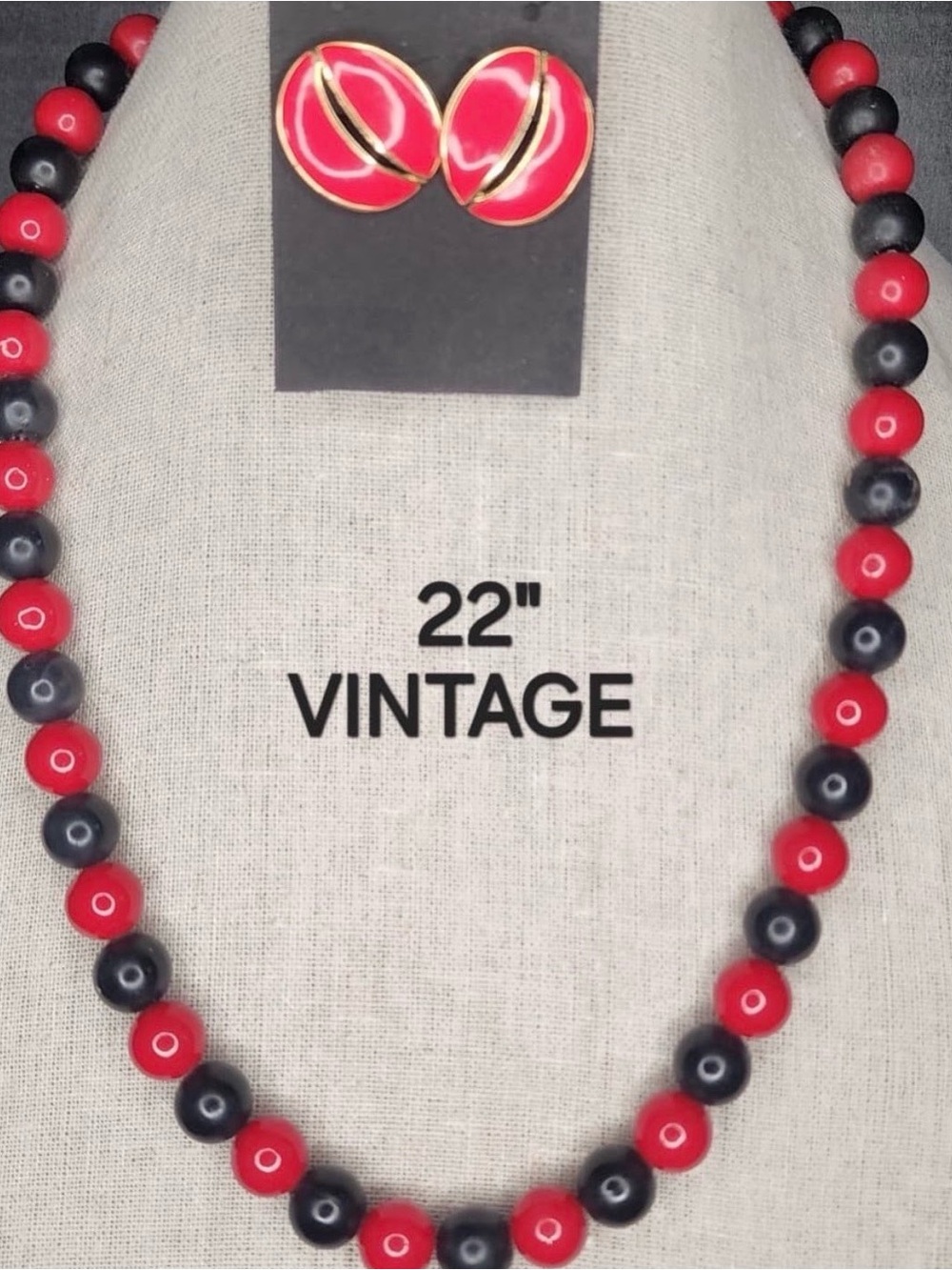 208. Vintage Red and Black Beaded Necklace with Matching Red Earrings